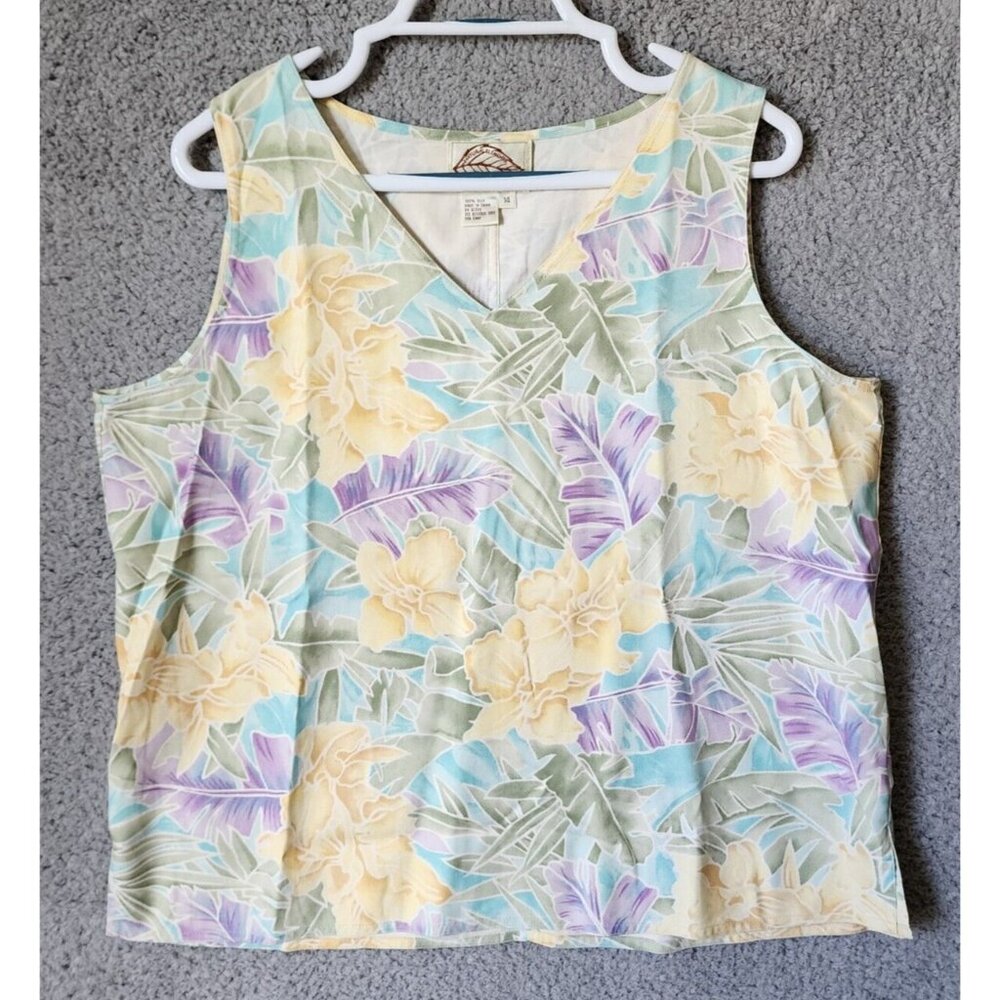 Natural Elements Women's Sleeveless V Neck Hawaiian Shirt 100% Silk Camp Size 14